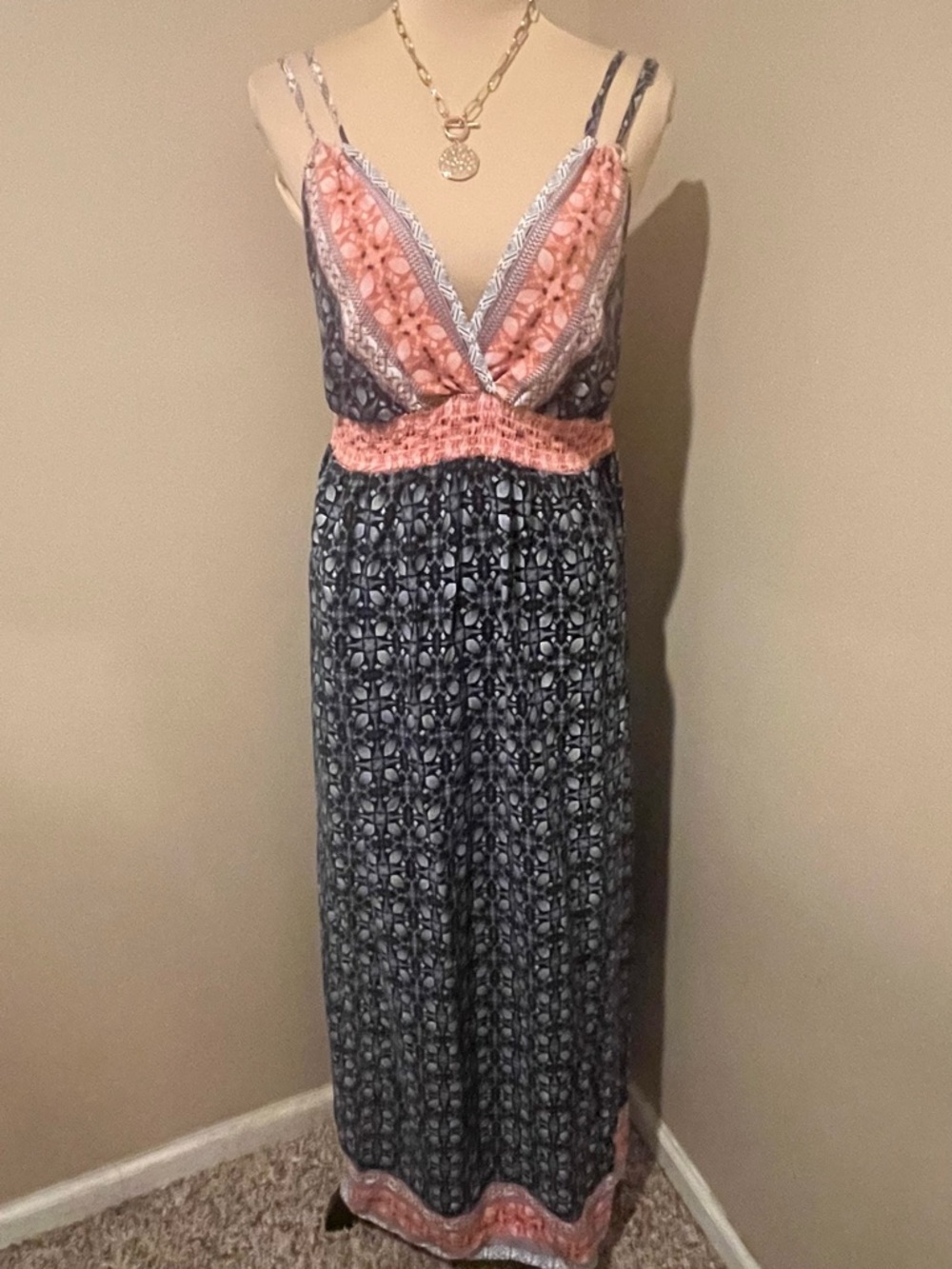 Haute Fox Navy Print -Peach Trim Maxi Dress No Back, Deep V, 3X